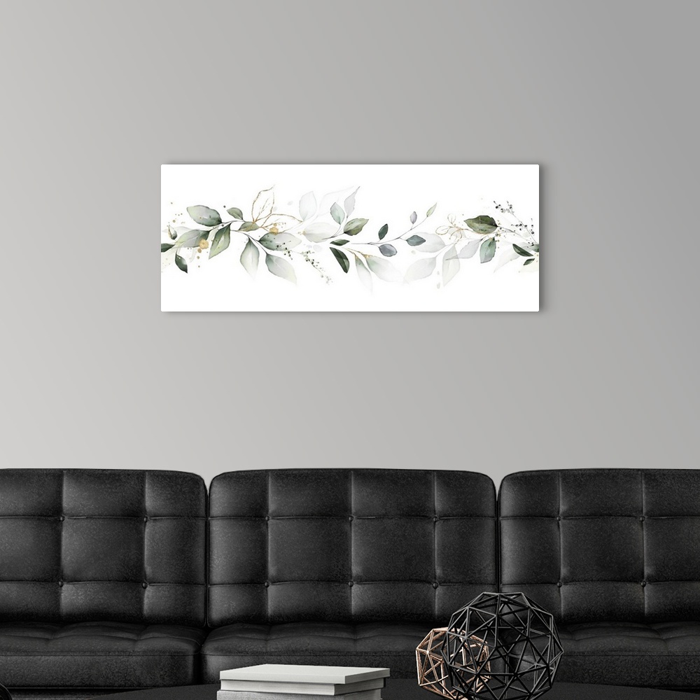 A modern room featuring Botanical composition with eucalytpus leaves.