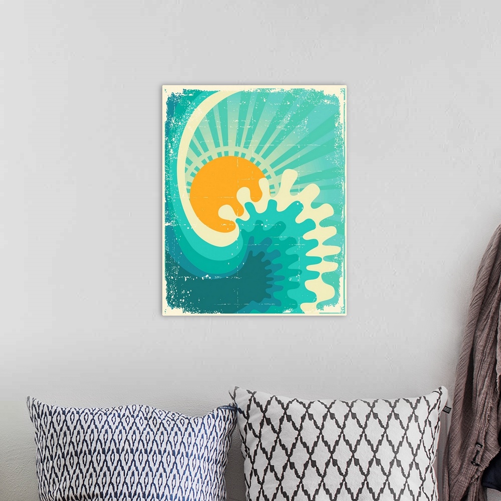 A bohemian room featuring Wave In Ocean.water Nature Background With Sun.vintage