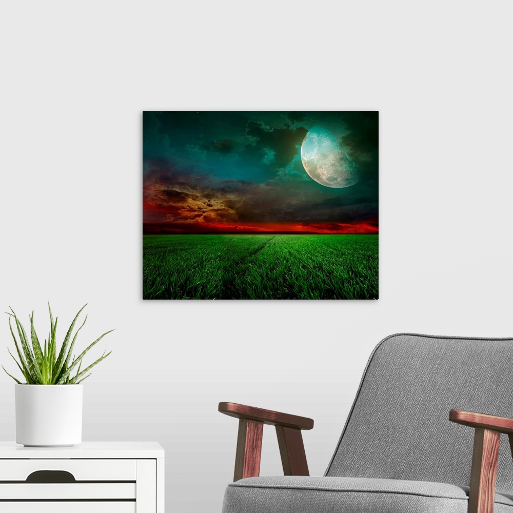 A modern room featuring young wheat field at night with the moonlight