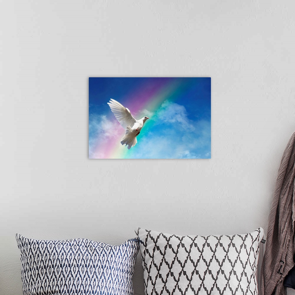 A bohemian room featuring White dove against clouds and rainbow.