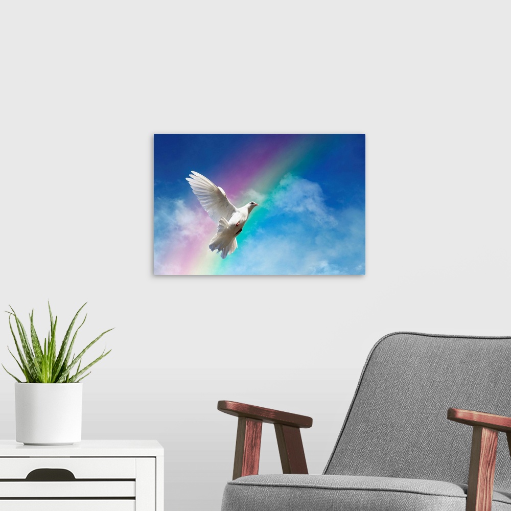 A modern room featuring White dove against clouds and rainbow.