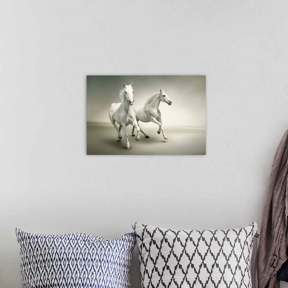 A bohemian room featuring White horses