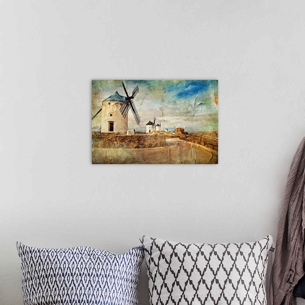 A bohemian room featuring windmills of Spain - picture in painting style