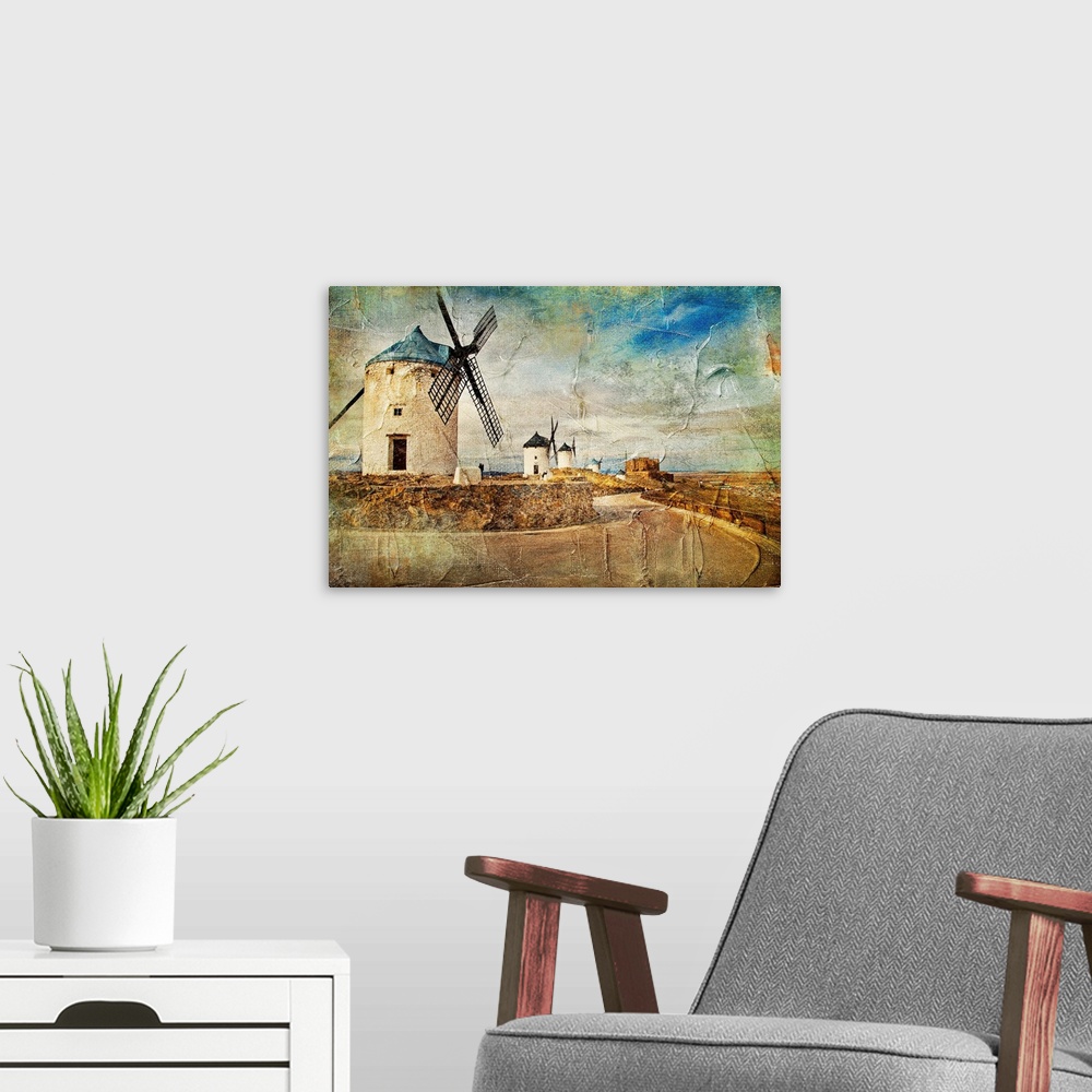 A modern room featuring windmills of Spain - picture in painting style