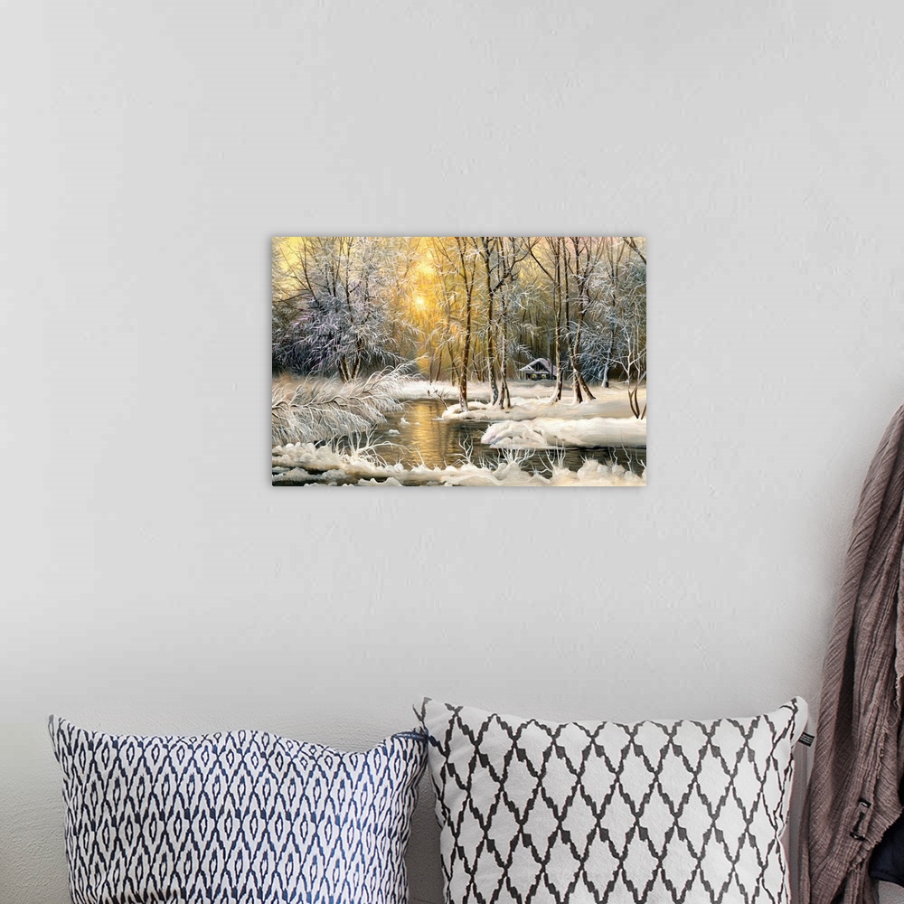 A bohemian room featuring Winter landscape with the wood river