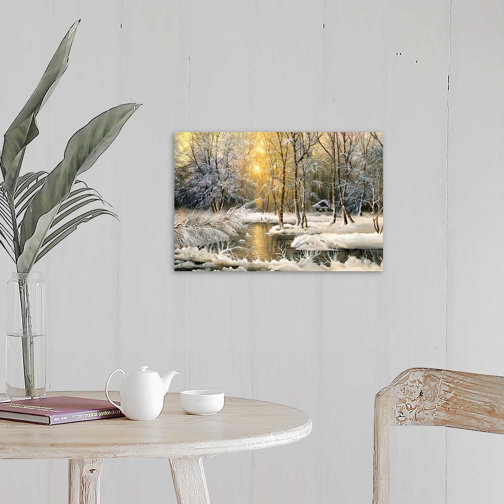 A farmhouse room featuring Winter landscape with the wood river