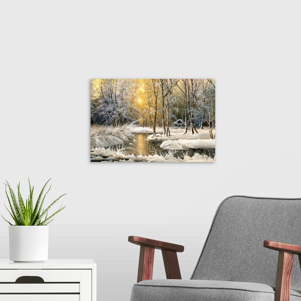 A modern room featuring Winter landscape with the wood river