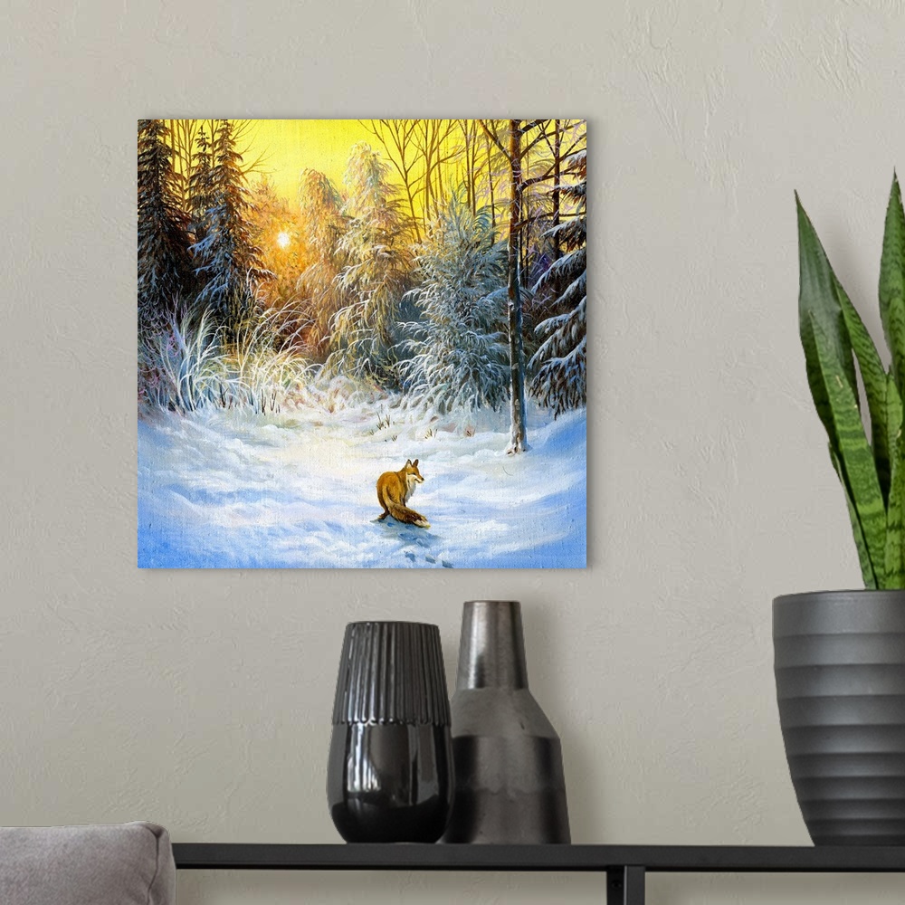A modern room featuring Winter landscape with a fox on a decline