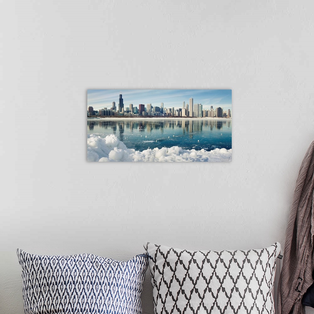 A bohemian room featuring Winter panorama of frozen Chicago.