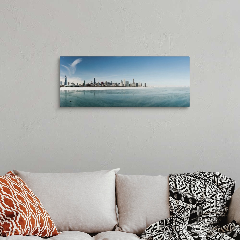 A bohemian room featuring Winter Scenery With Frozen Lake And Chicago Downtown Skyline Panorama
