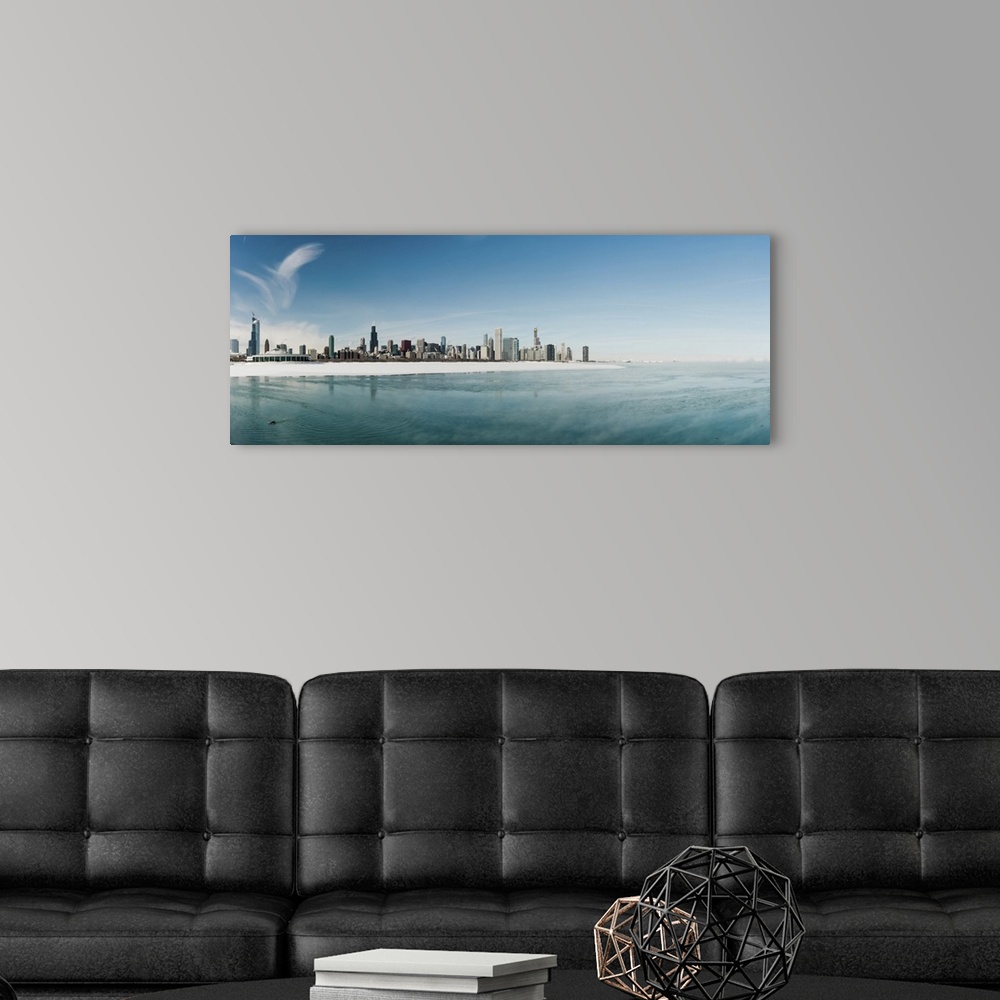 A modern room featuring Winter Scenery With Frozen Lake And Chicago Downtown Skyline Panorama