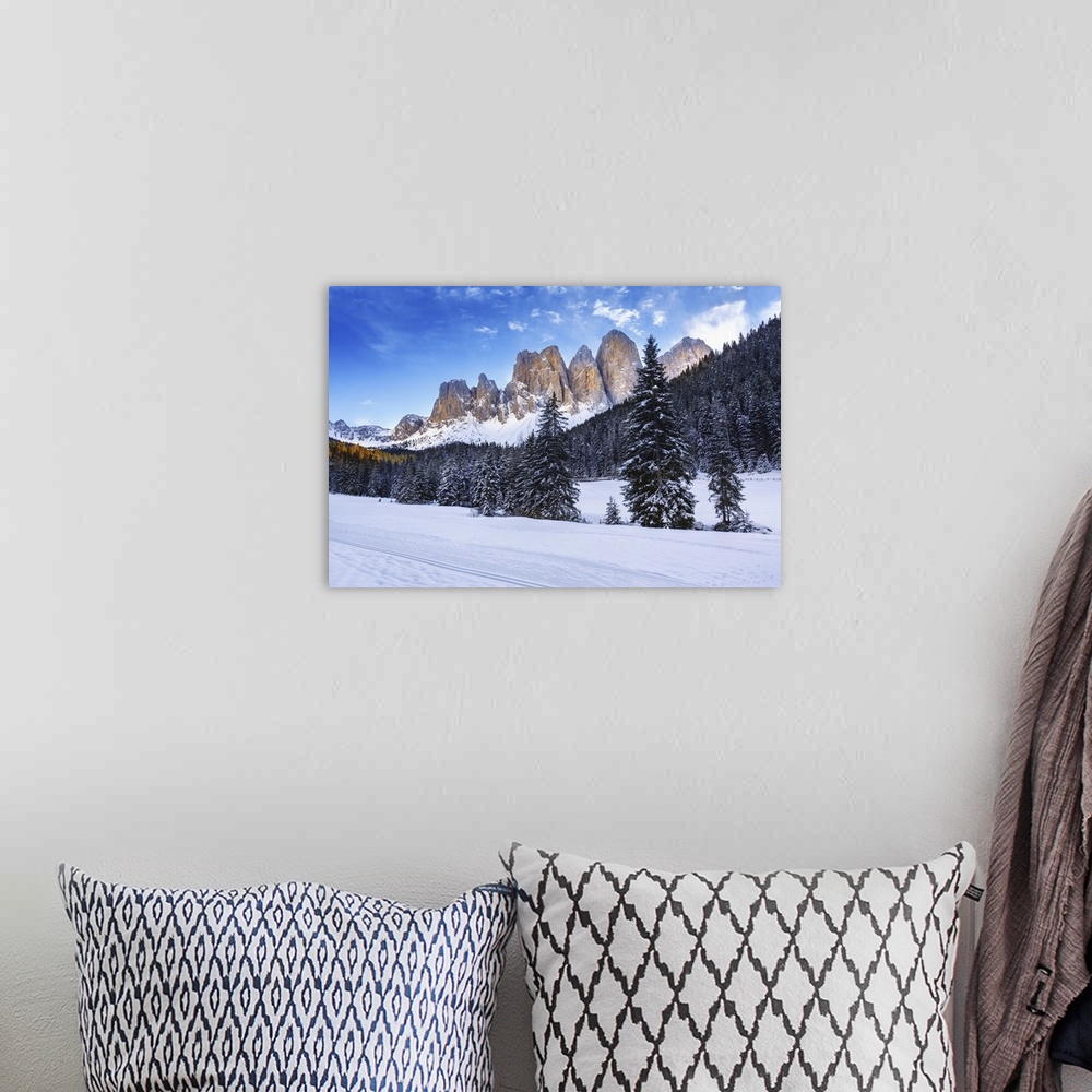 A bohemian room featuring Winter Views Of The Geisler Mountain Peaks In The Val Di Funes, Italy