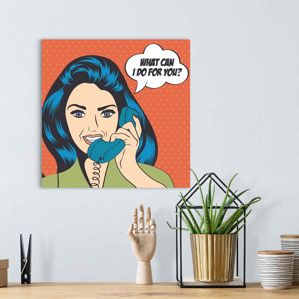 A bohemian room featuring Woman Chatting On The Phone, Pop Art Illustration