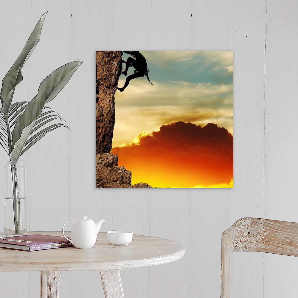 A farmhouse room featuring girl climbing on the rock on sunset background