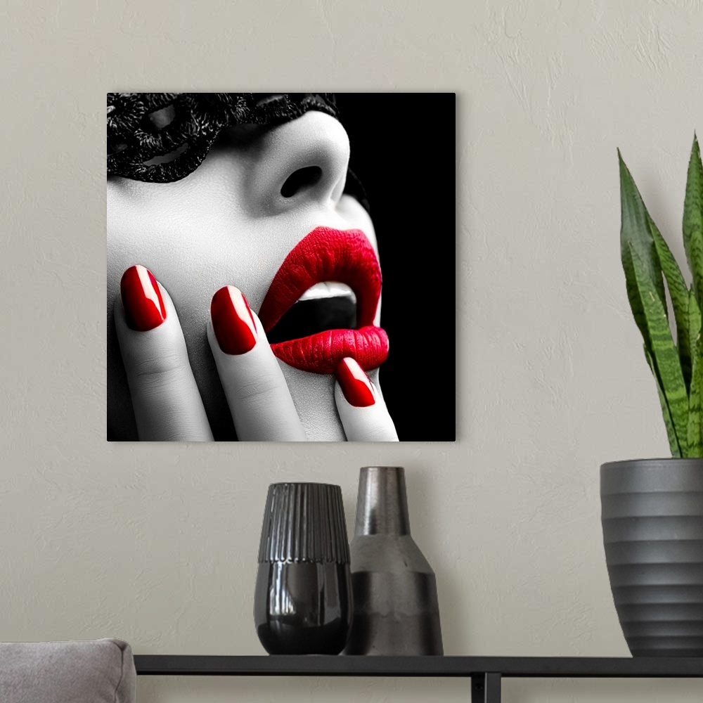 A modern room featuring Beautiful Woman with Black Lace mask over her Eyes. Red Sexy Lips and Nails closeup. Open Mouth. Man