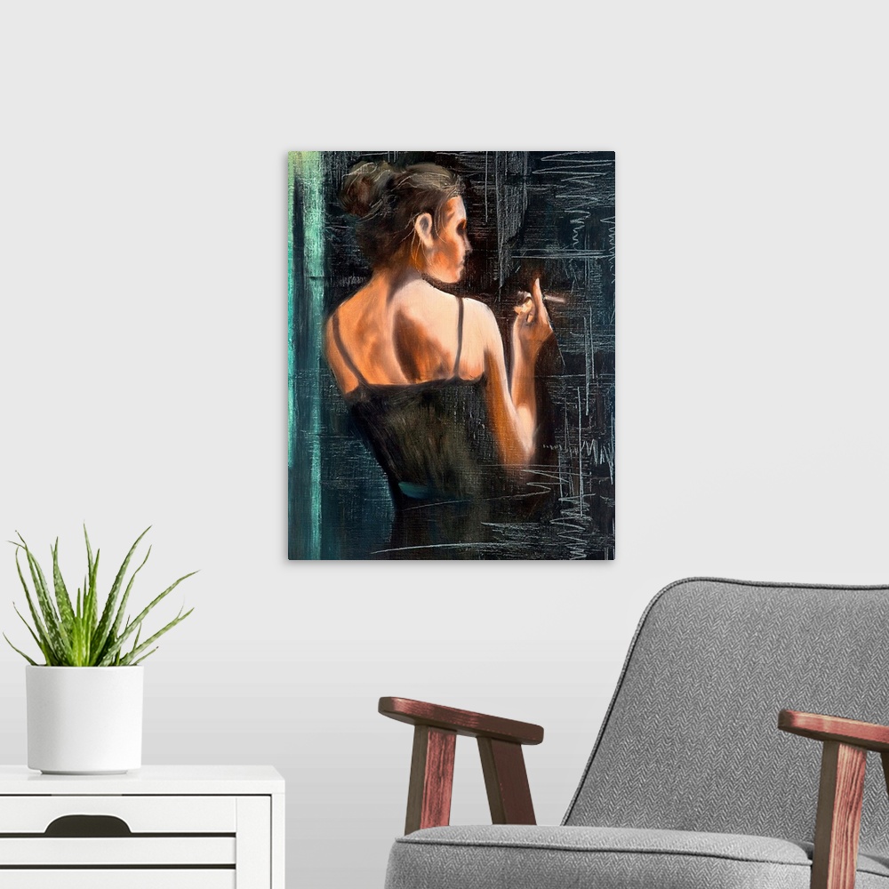A modern room featuring Portrait of the woman with a cigarette