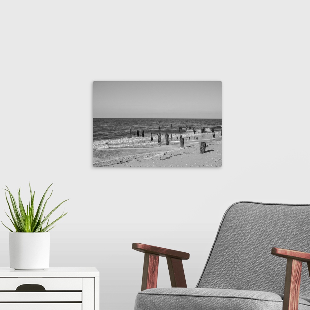 A modern room featuring Exterior daytime black and white stock of wooden pylons rising from the sand on Cape May, New Jer...