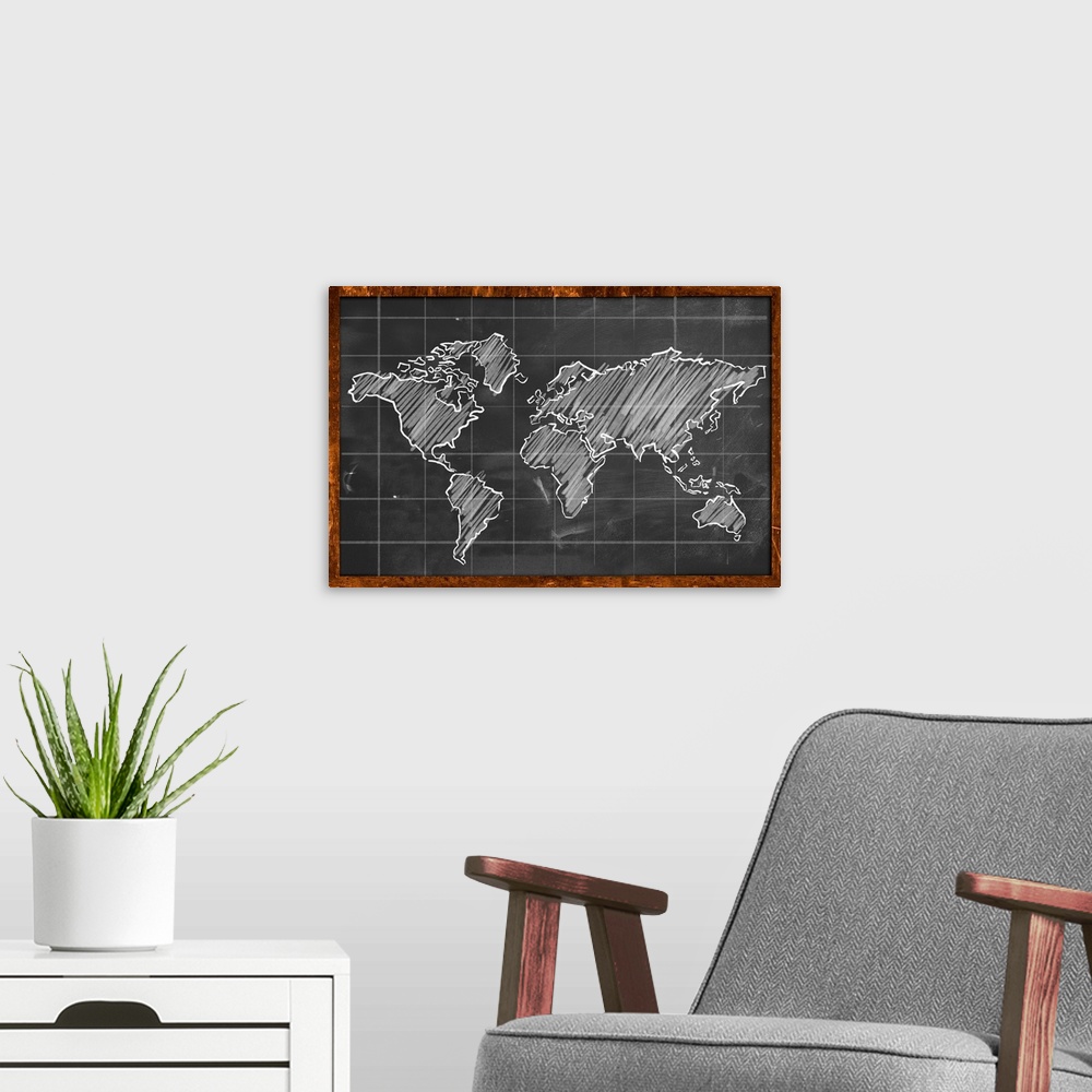 A modern room featuring World map chalk drawing blackboard