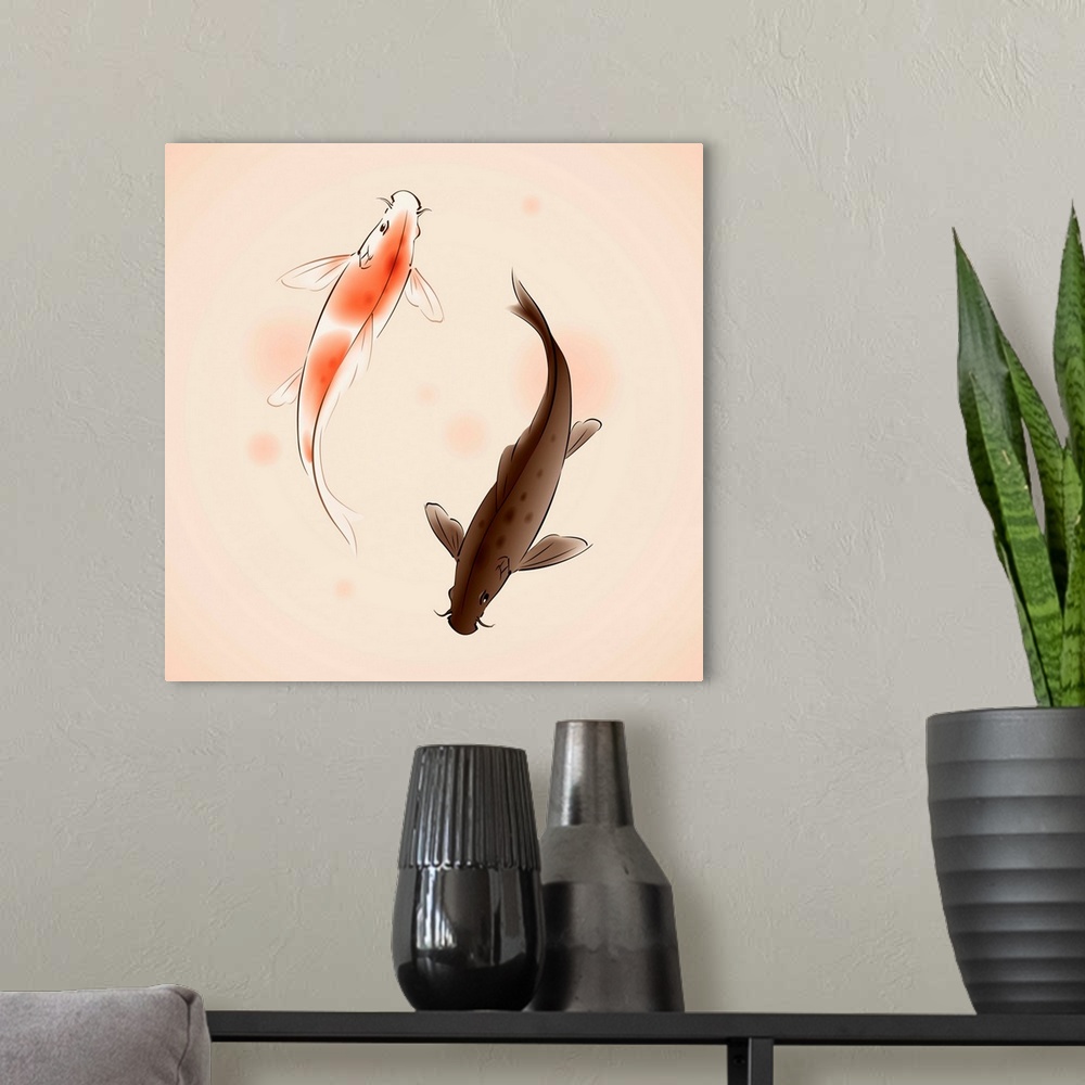 A modern room featuring Yin Yang Koi fishes in oriental style painting.  vectorized brush painting, symbolize luck, fortune,