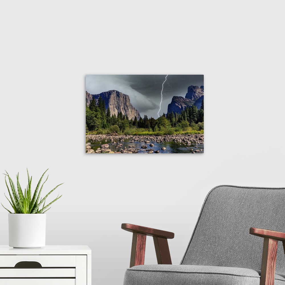 A modern room featuring Yosemite Valley, Yosemite National Park, California