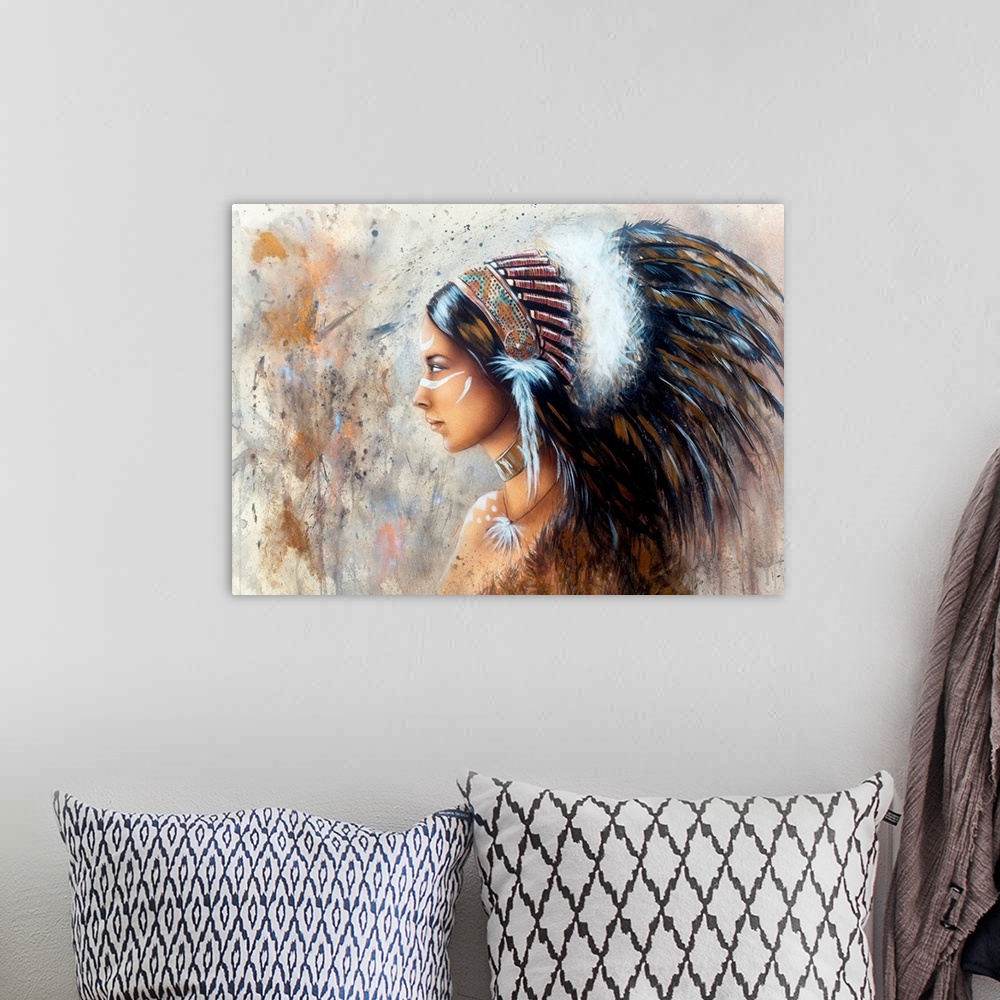 A bohemian room featuring Airbrush Painting Of A Young Native America Woman Wearing A Big Feather Headdress.