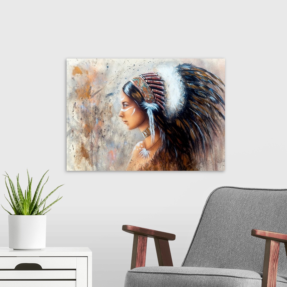 A modern room featuring Airbrush Painting Of A Young Native America Woman Wearing A Big Feather Headdress.