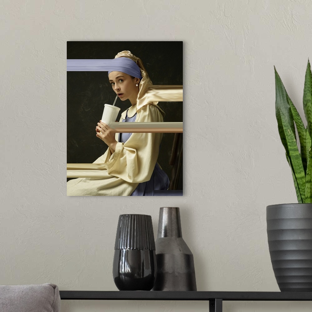 A modern room featuring Young Woman As A Medieval Lady With A Pearl Earring