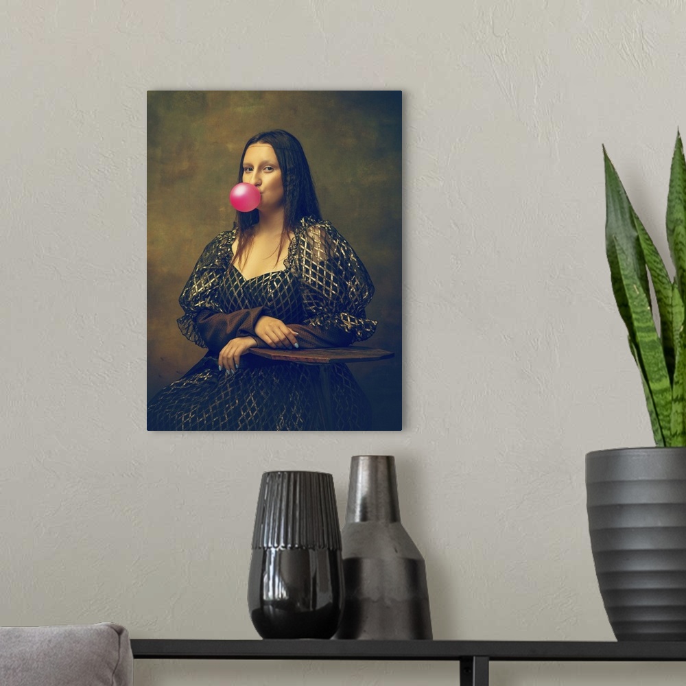 A modern room featuring Young Woman As Mona Lisa Blowing A Bubble