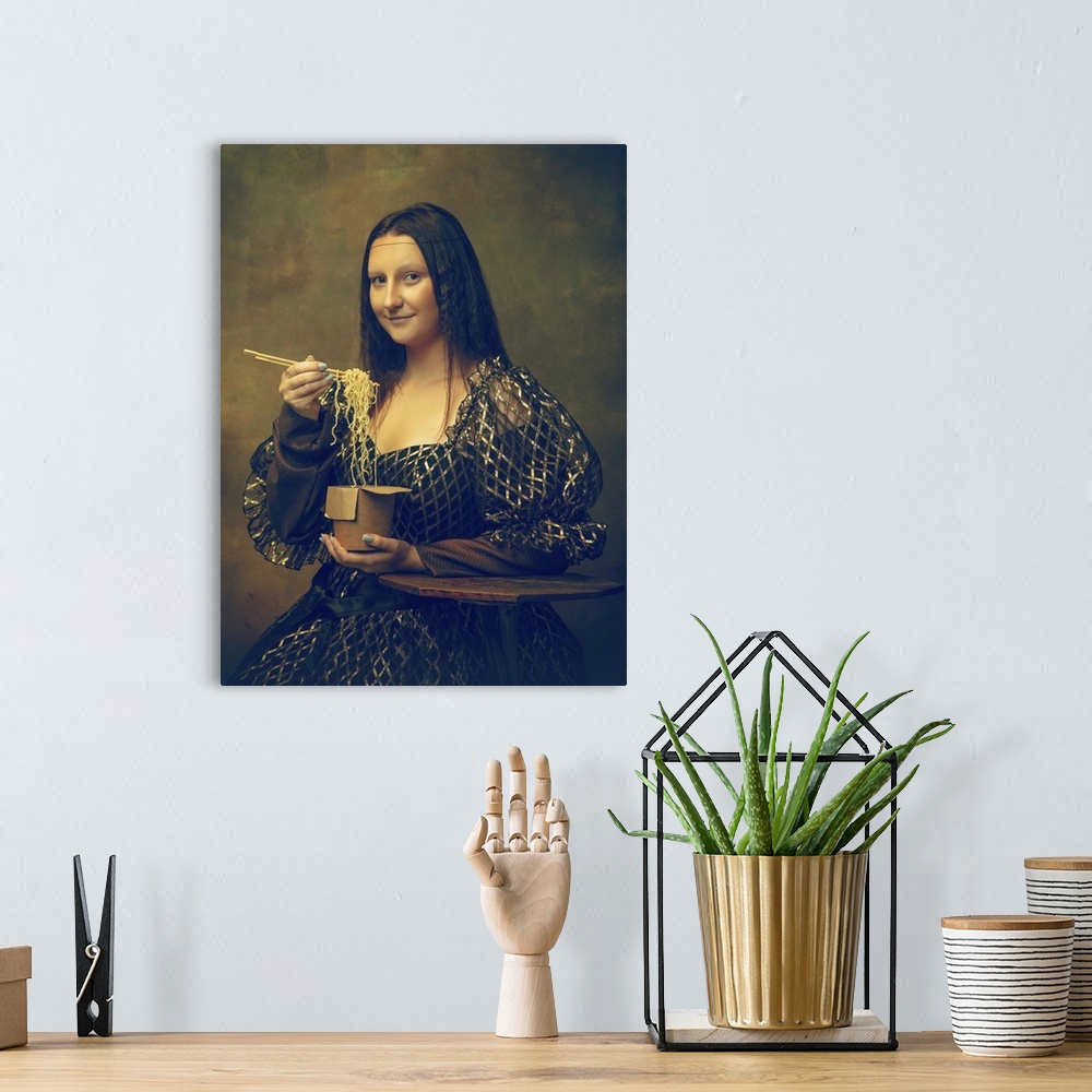 A bohemian room featuring Young Woman As Mona Lisa Eating Instant Noodles