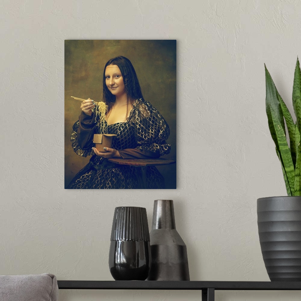 A modern room featuring Young Woman As Mona Lisa Eating Instant Noodles