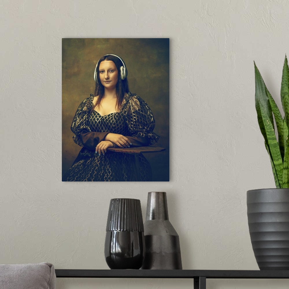 A modern room featuring Young Woman As Mona Lisa Listening To Music