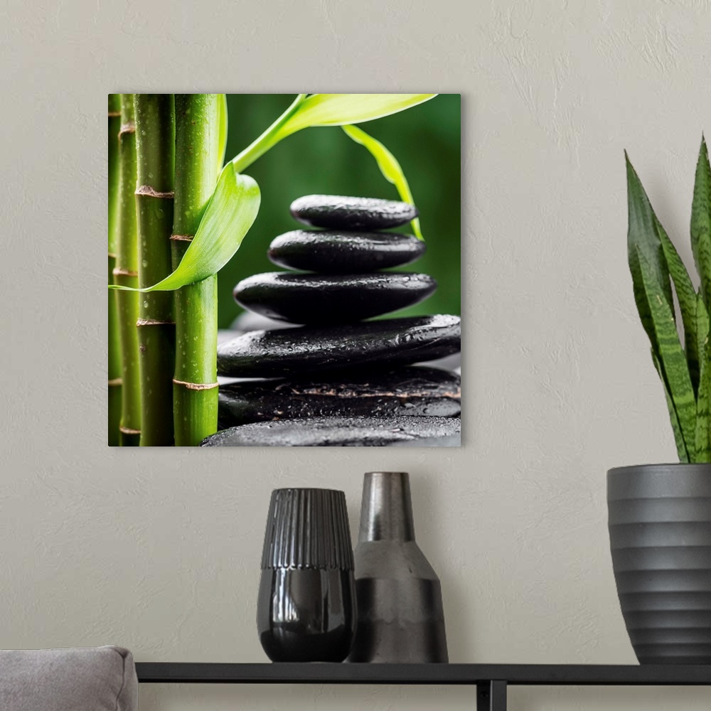 A modern room featuring zen basalt stones and bamboo (focus on the bamboo leaf).