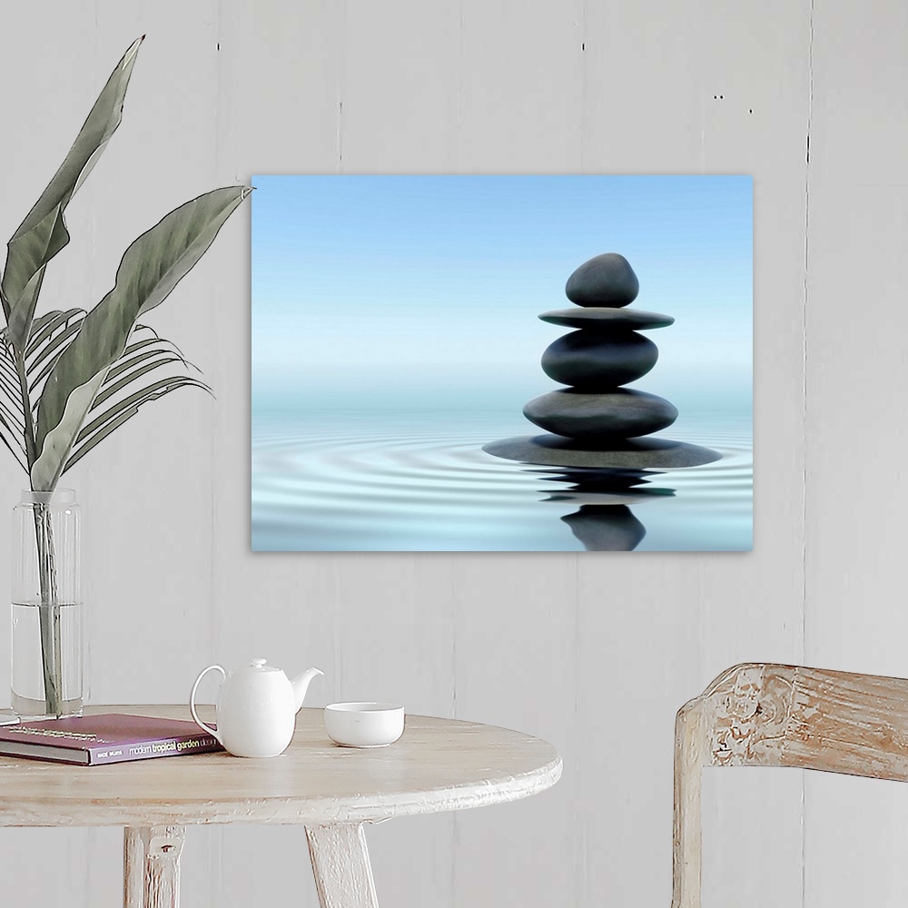 A farmhouse room featuring Zen stones in water
