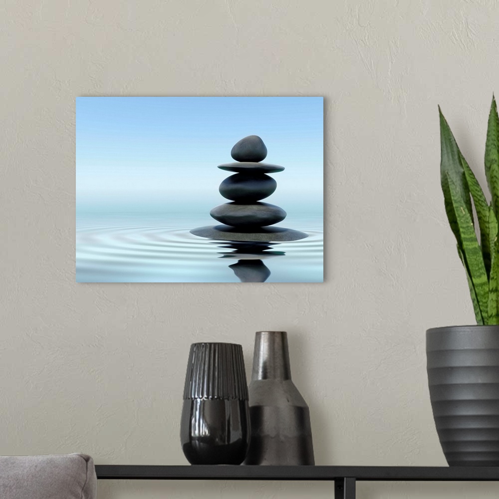 A modern room featuring Zen stones in water