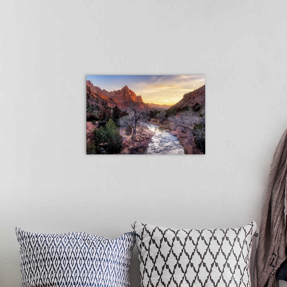 A bohemian room featuring Zion National Park Late Autumn Landscape View With Watchman Peak, Utah