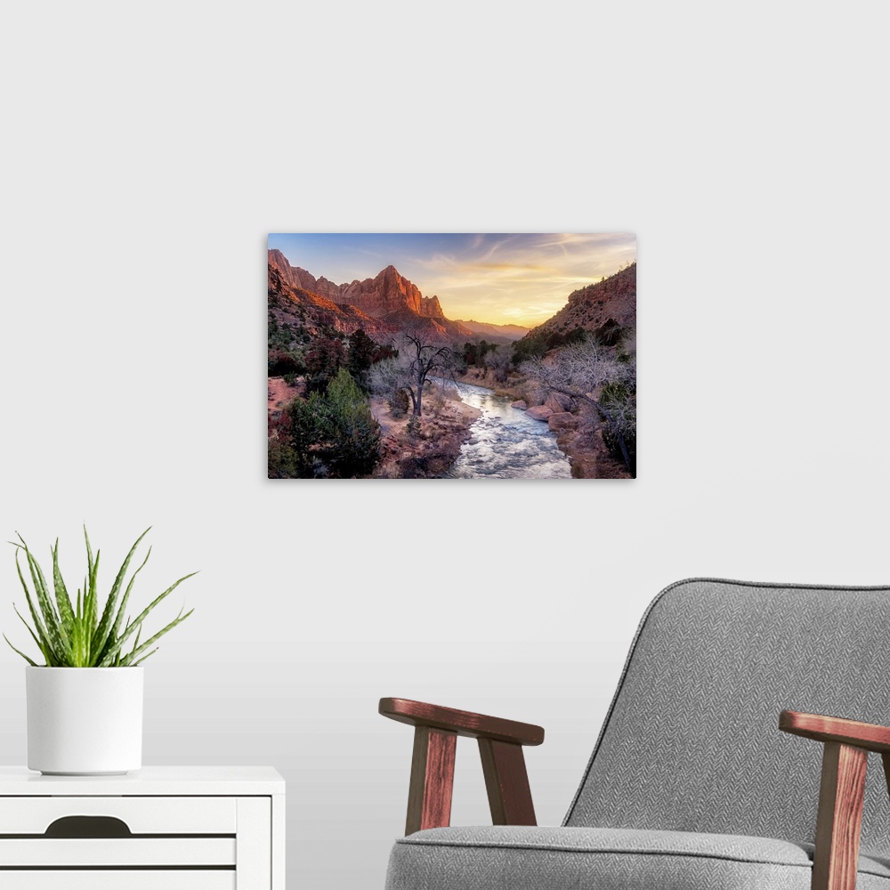 A modern room featuring Zion National Park Late Autumn Landscape View With Watchman Peak, Utah