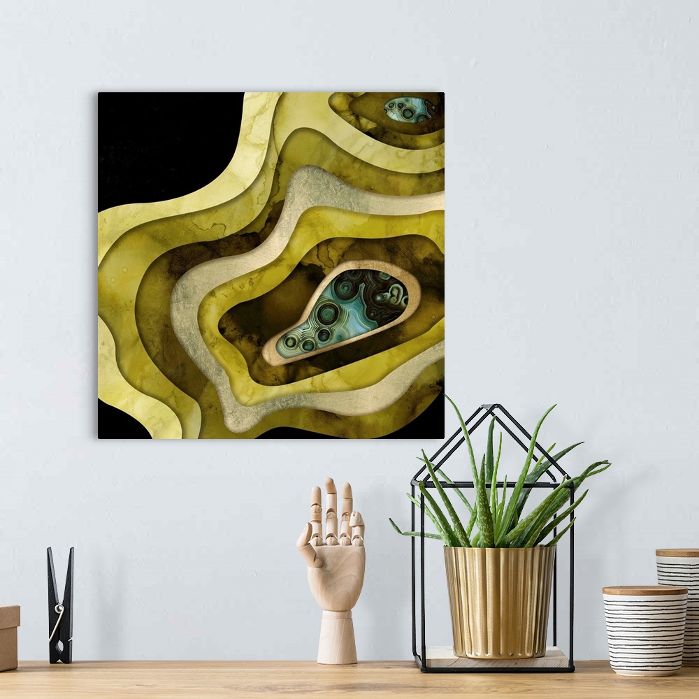 A bohemian room featuring Abstract depiction of agate with green, teal, gold and black.