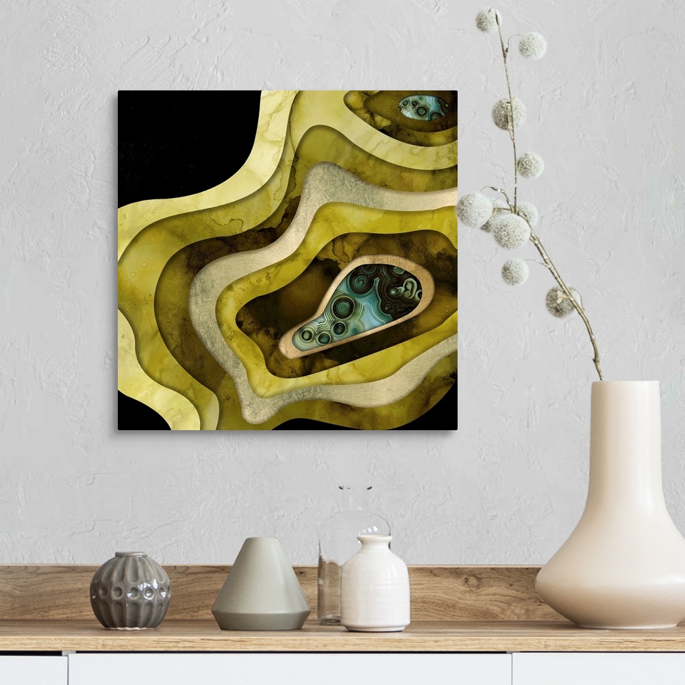 A farmhouse room featuring Abstract depiction of agate with green, teal, gold and black.