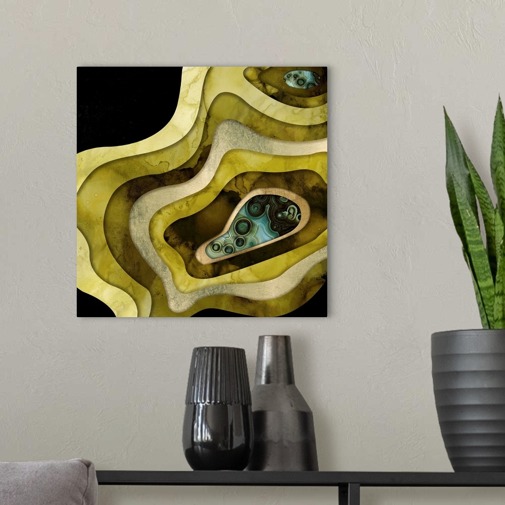 A modern room featuring Abstract depiction of agate with green, teal, gold and black.