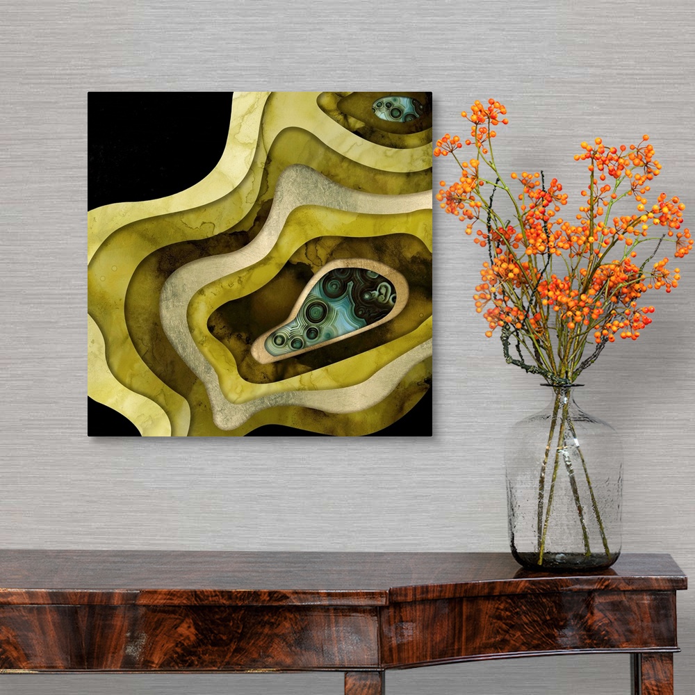 A traditional room featuring Abstract depiction of agate with green, teal, gold and black.