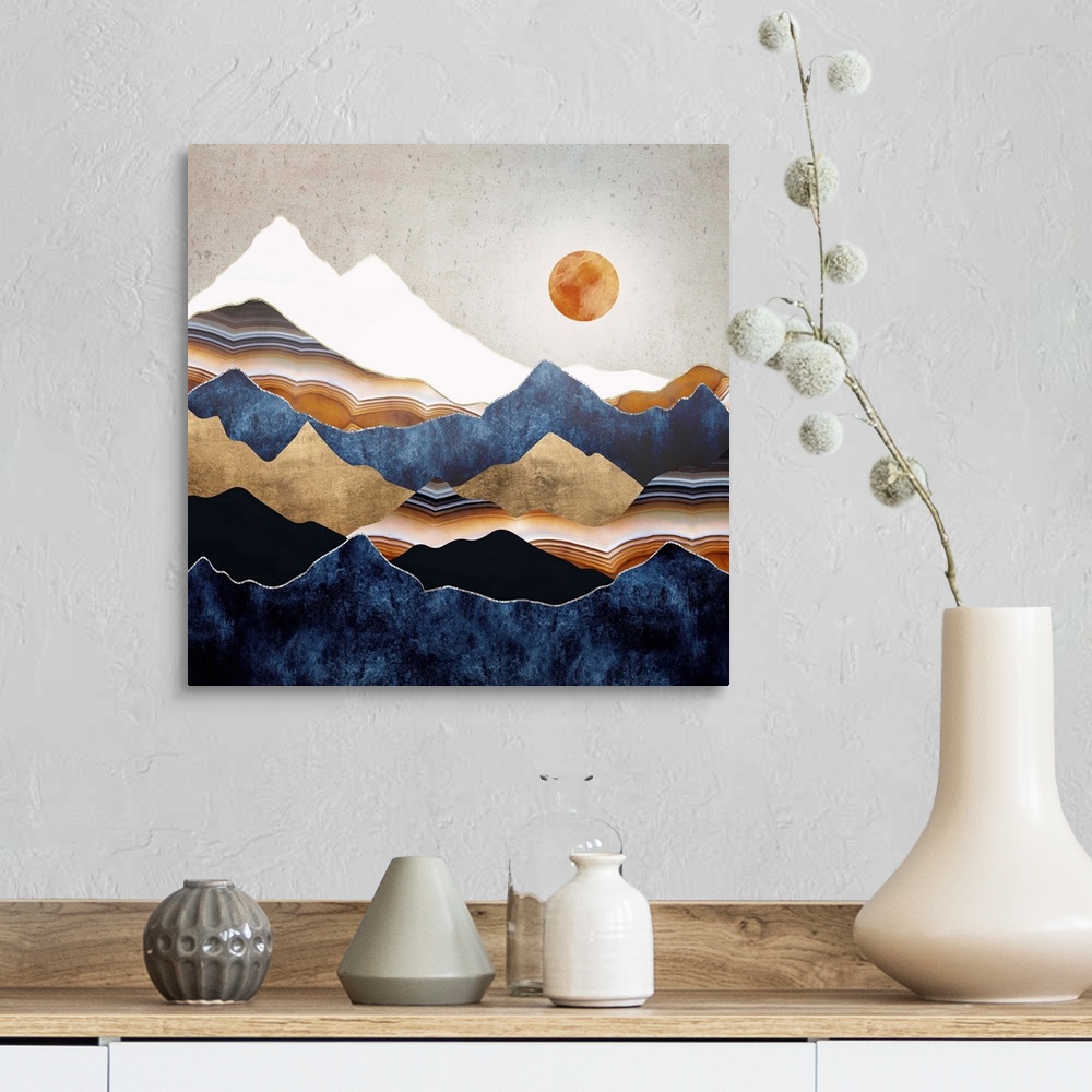 A farmhouse room featuring Abstract depiction of a landscape with an amber sun and mountains.