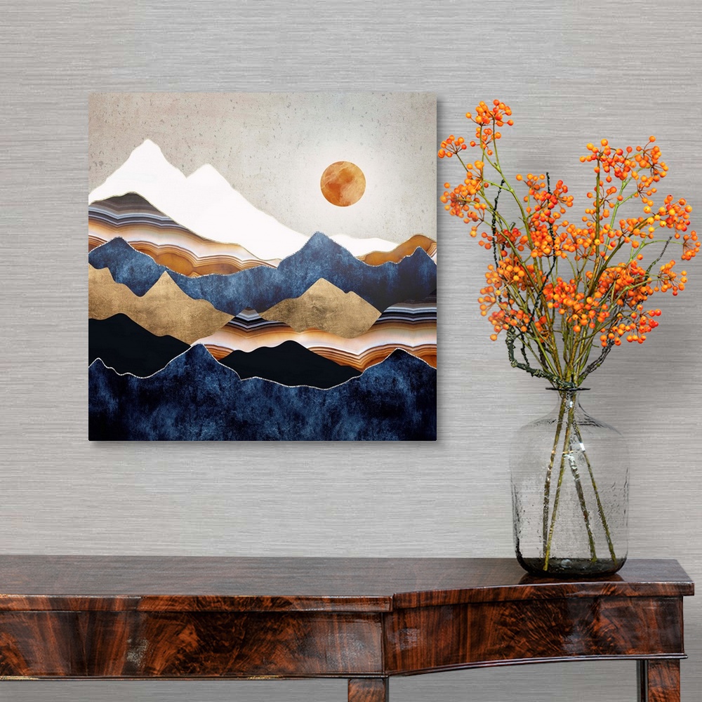 A traditional room featuring Abstract depiction of a landscape with an amber sun and mountains.