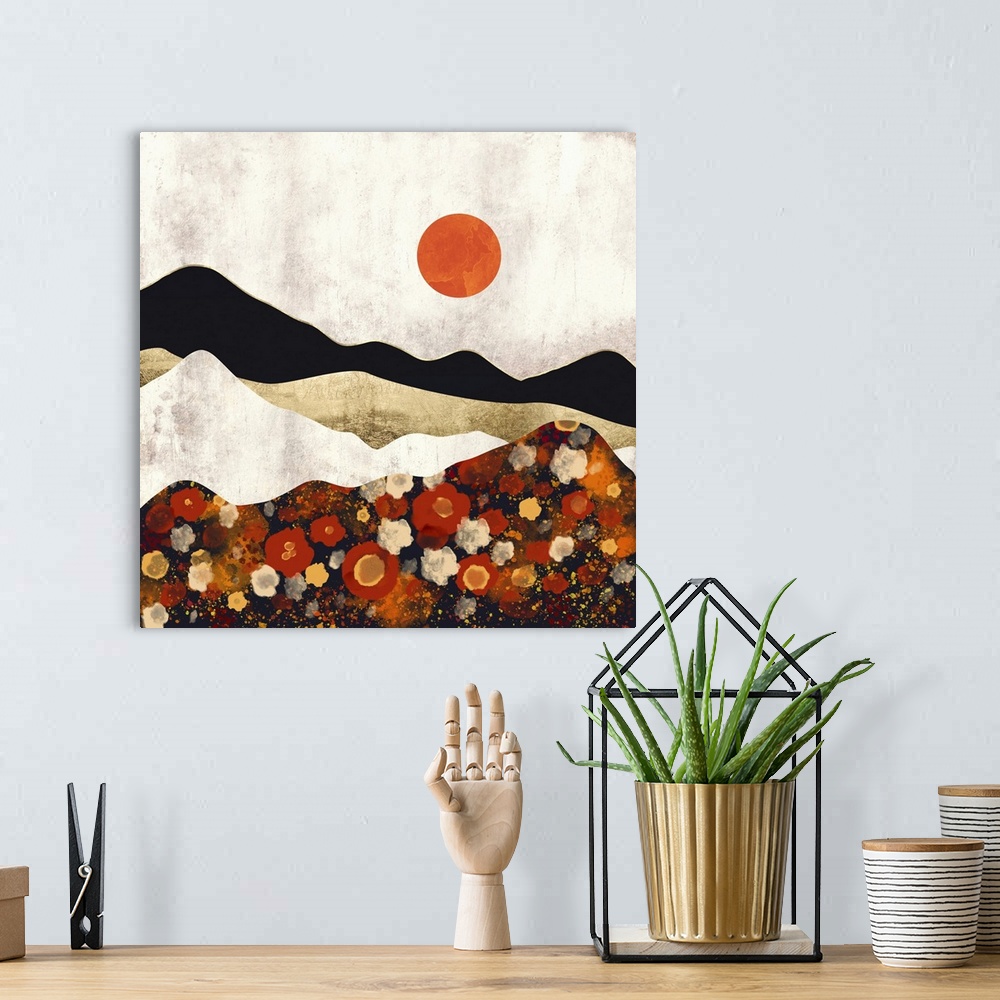 A bohemian room featuring Abstract contemporary autumn landscape featureing flowers, fields, mountains, orange, ivory, gold...