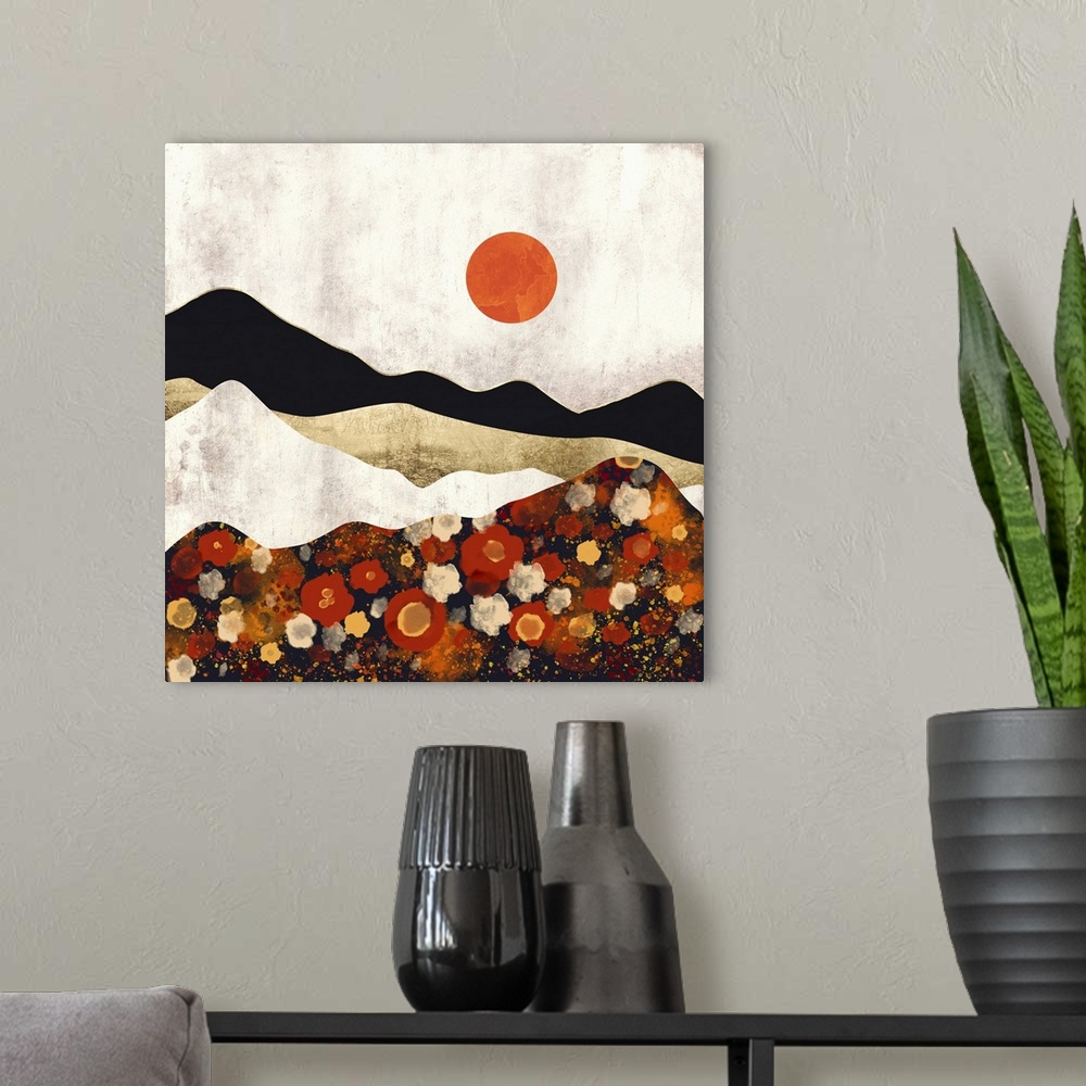 A modern room featuring Abstract contemporary autumn landscape featureing flowers, fields, mountains, orange, ivory, gold...