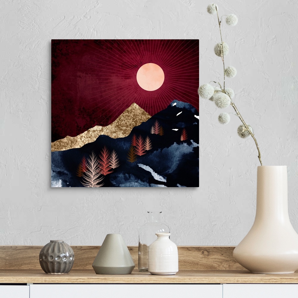 A farmhouse room featuring Abstract autumn night landscape with mountains, trees, gold, blue and crimson.