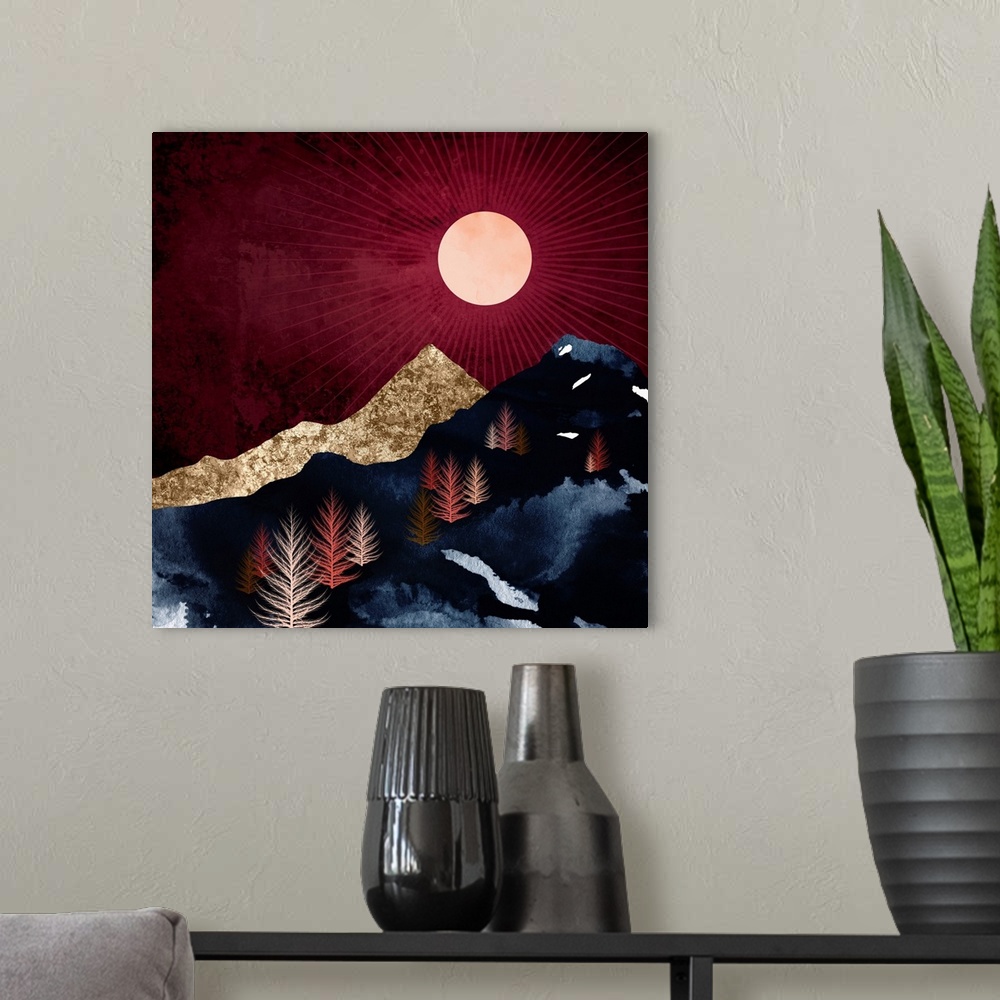 A modern room featuring Abstract autumn night landscape with mountains, trees, gold, blue and crimson.