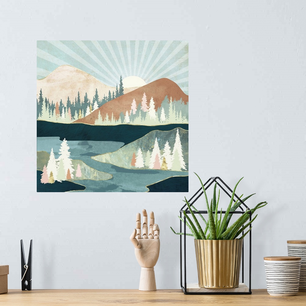 A bohemian room featuring Abstract landscape depicting an autumn sun with mountains, trees, water, blue, green, pink, brown...