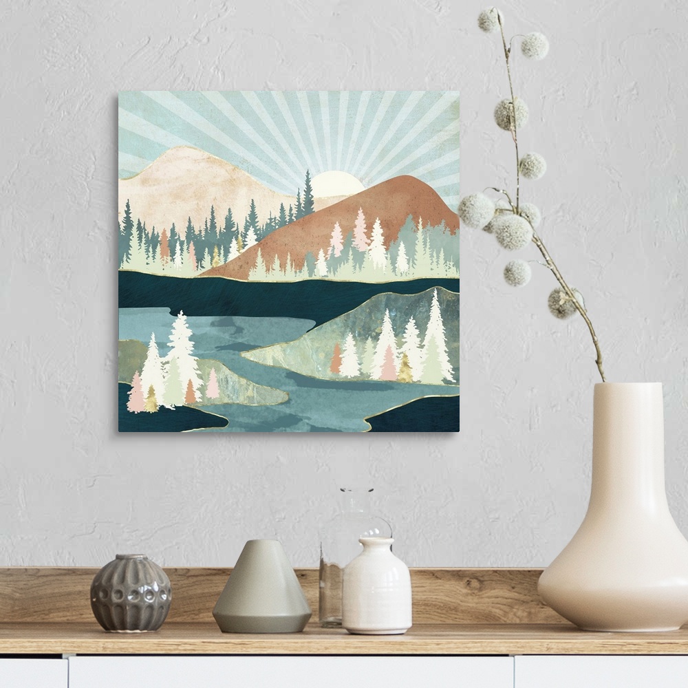 A farmhouse room featuring Abstract landscape depicting an autumn sun with mountains, trees, water, blue, green, pink, brown...