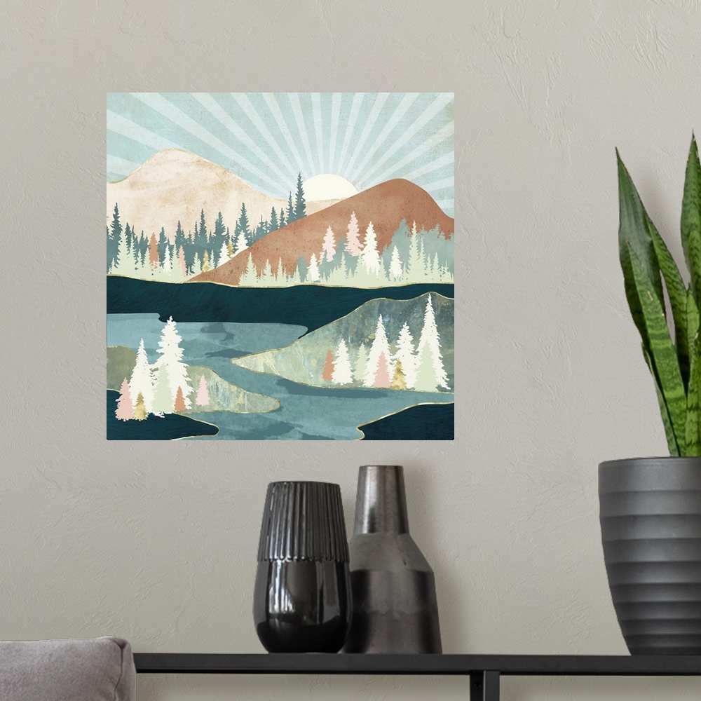 A modern room featuring Abstract landscape depicting an autumn sun with mountains, trees, water, blue, green, pink, brown...