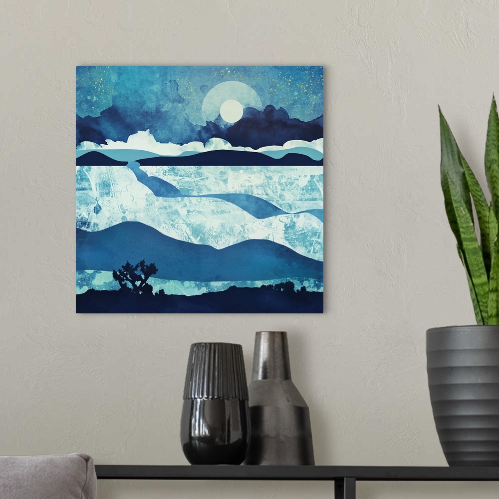 A modern room featuring Abstract depiction of a desert landscape at night with moon and dunes.